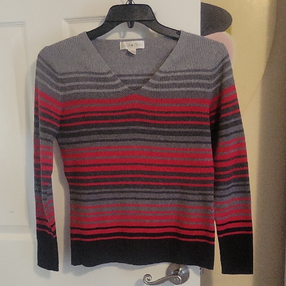 Caual Corner SzLg 100% cotton V-Neck Striped Sweater - Black,Red Grey V-neck